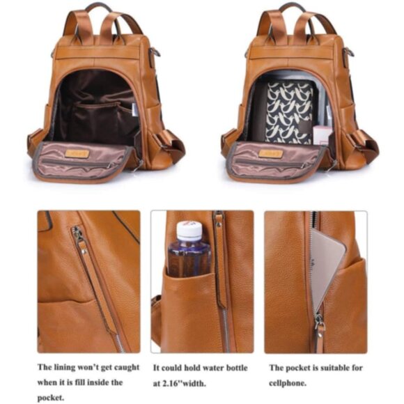 Fashionable Antitheft Leather Backpack with Multiple Pockets - Brown Elegance - Picture 3 of 6